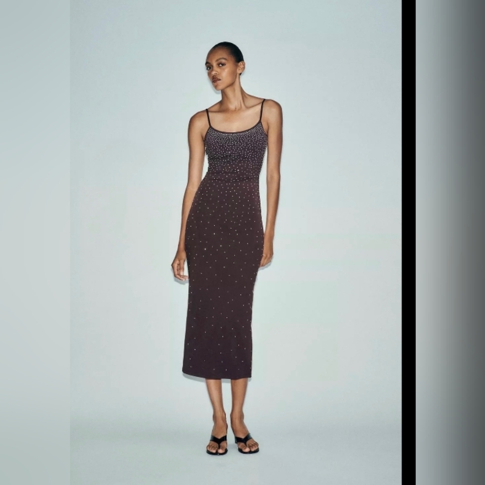 Zara Black Spaghetti-Strap Midi Dress with Stud Detail